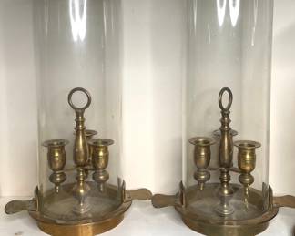 Pair of Brass and Glass Hurricane Candlesticks