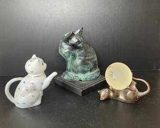 Bronze Cat Sculpture and Porcelain Cat Teapot