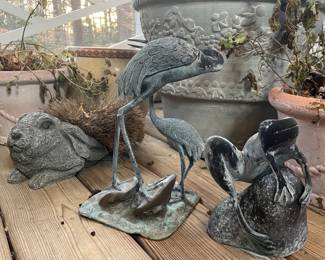 Bronze Garden Ornaments - Pair of Herons, Frog, and Rabbit