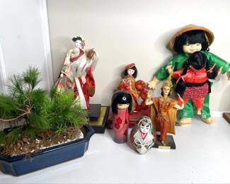 Collection of Asian Dolls and Bonsai Tree