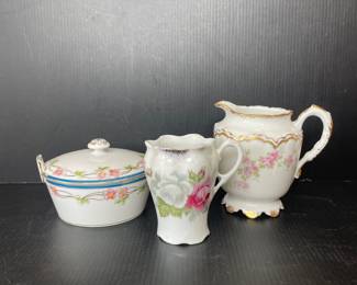 Vintage Porcelain Creamer and Lidded Dish Set with Pink Roses