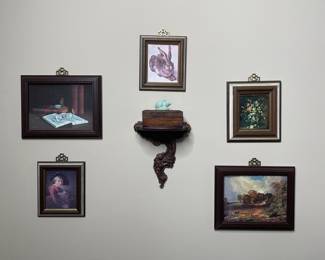 Assorted Framed Prints and Decorative Shelf