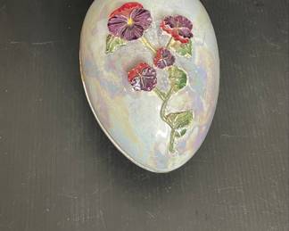 Vintage Iridescent Ceramic Egg with Applied Pansies