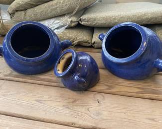 Blue Glazed Pottery Pots with Handles