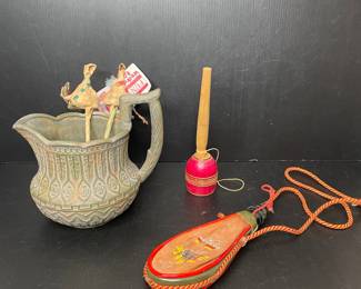 Vintage Ceramic Pitcher with Folk Art Figurines and Leather Bota Bag
