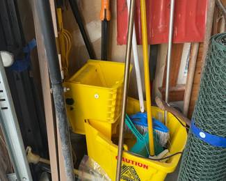 Commercial Yellow Mop Bucket and assorted tools