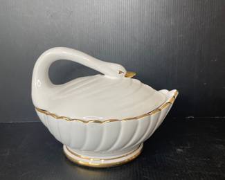 Porcelain Lidded Swan w Gold Trim