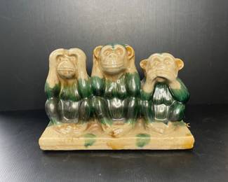Vintage Majolica Style Three Wise Monkeys Ceramic Figurine