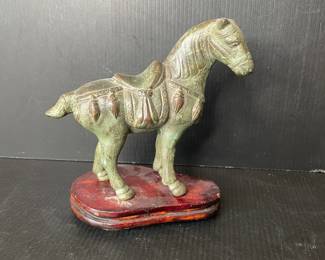 Bronze Tang Dynasty Style Horse Figurine on Wooden Base