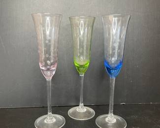Colored Flute Glasses with Polka Dot Etching