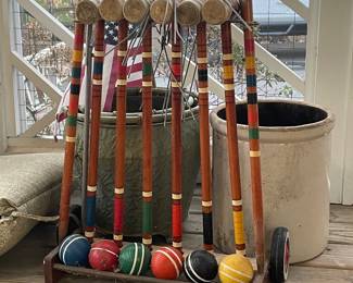 Vintage Croquet Set with Wheeled Cart