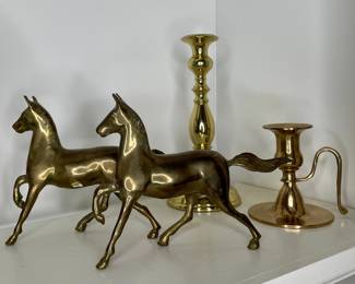 Vintage Brass Horse Figurines and Candlesticks Set