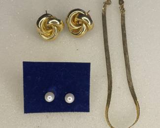 14k gold bracelet, pearl studs & Michael Anthony knot earrings, 