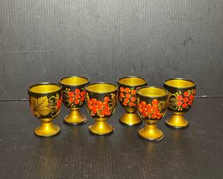 Set of Six Hand-Painted Khokhloma Egg Cups