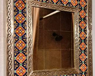 Sm Blue Talavera Tin Tile Mirror - Tiajuana Mexico
