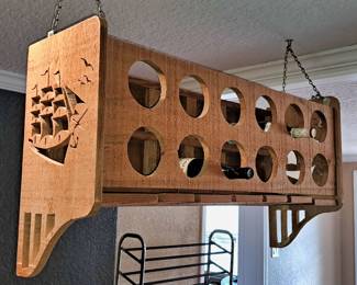 Hanging wood Bar/Wine holder with carved ship. From 1970-80's