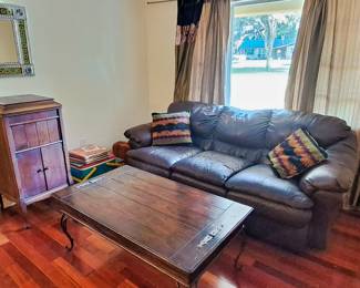 Living Room Furniture Leather Sofa, Vintage table, Vintage Record Player, Talavera Tin Mirror