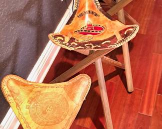 3 Handcrafted Leather Wood Stools Mexico. Beautiful detail in each Leather seat