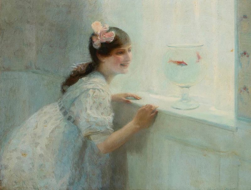 2001
Marguerite Delorme
(1876-1946)
"Les Poissons Rouges"
Oil on canvas laid to canvas
Signed lower right: Marguerite Delorme; alternatively titled on the frame plaque "The Goldfish Bowl;" titled again and with the artist's address on the stretcher bar
32" H x 42.75" W
Estimate: $1,000 - $1,500