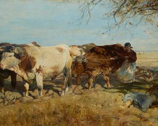 2056
Attributed to Johann Heinrich von Zügel
(1850-1941)
Cattle farm, 1893
Oil on canvas laid to canvas
Bears signature and date, partially indistinctly, lower right: J Zügel 1893
38" H x 72.25" W
Estimate: $2,000 - $3,000