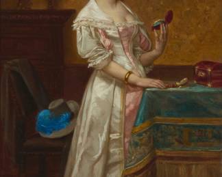 2024
Juan Gomez
(19th century)
Lady standing in an interior
Oil on canvas laid to canvas
Signed lower right: Juan Gomez; numbered "no. 65" on the stretcher, possibly in another hand
25.5" H x 14" W
Estimate: $800 - $1,200