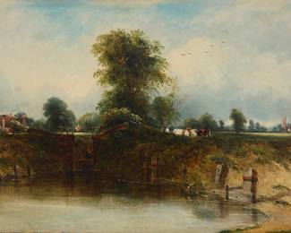 2067
Frederick Waters Watts
(1800-1870)
"The Canal Lock at Dedham," 1937
Oil on canvas laid to waxed canvas
Signed lower right: F. Watts / 37; titled on a label affixed to the frame's verso
15" H x 21" W
Estimate: $800 - $1,200