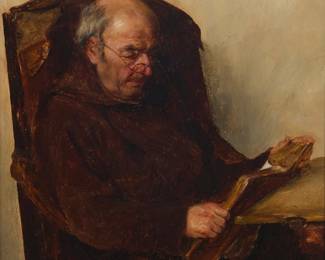 2109
Alfons Spring
(1843-1908)
"The Student" (aka "Monk Reading")
Oil on panel
Signed and inscribed upper right: A Spring Munchen; titled "The Student" on the frame plaque (titled "Monk Reading" when sold previously)
7.5" H x 6" W
Estimate: $700 - $1,000