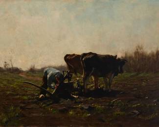 2058
Hermanus Johannes van der Weele
(1852-1930)
"Plowing Time"
Oil on canvas laid to canvas
Signed lower left: H J v d Weele; titled on a label affixed to the frame's verso
27" H x 35" W
Estimate: $800 - $1,200