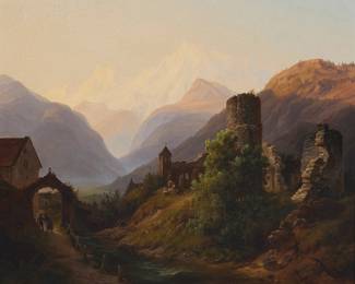 2092
Anton Schiffer
(1811-1876)
Tyrol landscape
Oil on cradled panel
Signed lower left: Anton Schiffer; inscribed faintly on a label fragment affixed to the frame's verso
13.5" H x 16.5" W
Estimate: $1,000 - $1,500