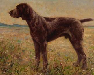 2162
Robert Franz Curry
(1872-1955)
"German Shorthaired Pointer"
Oil on canvas
Signed lower left: R.F. Curry; titled on a gallery label affixed to the frame's backing paper
28" H x 38" W
Estimate: $800 - $1,200