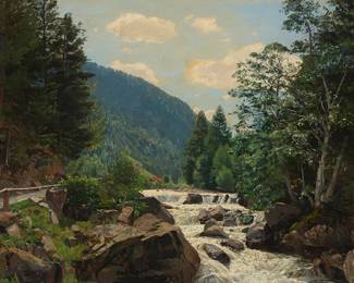 2090
Wilhelm Bartsch
(1871-1953)
"A Mountainous Ravine"
Oil on canvas
Signed lower left: W. Bartsch; titled on the frame plaque; alternatively titled "Forest Landscape with Waterfall" on a label affixed to the frame's verso
30" H x 40" W
Estimate: $800 - $1,200