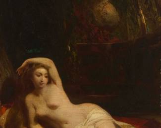 2172
19th Century Continental School
Reclining nude, possibly Danaë
Oil on canvas laid to panel
Signed indistinctly and dated lower left: 1865
16.25" H x 10" W
Estimate: $600 - $800