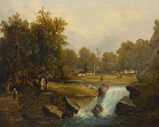 2104
19th Century Continental School
Swiss village scene
Oil on canvas laid to canvas
Signed lower left: A Moreau; titled on a label affixed to the stretcher
20" H x 32.25" W
Estimate: $500 - $700