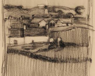2046
Robert Polhill Bevan
(1865-1925)
"The Village"
Charcoal on cream paper
Unsigned; titled on gallery and exhibition labels affixed to the frame's backing board
Sheet: 12.5" H x 11.625" W
Estimate: $1,000 - $1,500