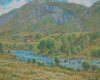 2042
William Henry Singer Jr
(1868-1943)
"Bridge Pool," 1933
Pastel on board
Signed and dated lower right: W.H. Singer Jr / 1933; titled and numbered "131" verso; titled again on the frame plaque
18" H x 21.625" W
Estimate: $700 - $900