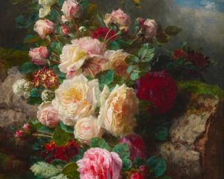 2014
Jean Baptiste Robie
(1821-1910)
"Roses"
Oil on panel
Signed lower left: J. Robie; titled in ink, in another hand, on a label affixed to the frame's verso
26" H x 20.25" W
Estimate: $3,000 - $5,000