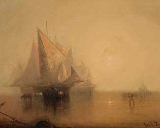 2105
George G. Fryer
(1832-1912)
"Morning Mist on the Scheldt," circa 1880
Oil on canvas laid to canvas
Signed lower right: Geo. G. Fryer; titled and dated by repute
17.75" H x 25.5" W
Estimate: $500 - $700