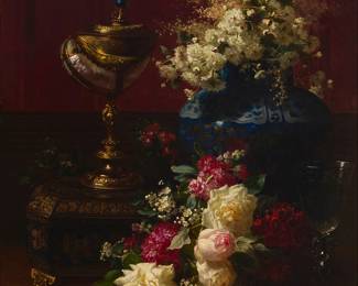 2013
Jean Baptiste Robie
(1821-1910)
Floral still life with shell goblet, 1871
Oil on panel
Signed and dated lower left: J. Robie 1871
34.5" H x 24.5" W
Estimate: $4,000 - $6,000