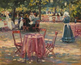 2002
Style of August Böcher
(1873-1961)
Figures at a garden cafe
Oil on canvas laid to canvas
Unsigned
21" H x 26" W
Estimate: $700 - $900