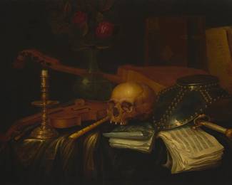 2141
Style of Pieter van der Willigen
(1634-1694)
Vanitas still life with skull, book candle, vase, violin, and arms and armor
Oil on canvas laid to canvas
Appears unsigned; inscribed in ink with the artist's name on a sticker affixed to the stretcher
28" H x 37" W
Estimate: $1,000 - $1,500