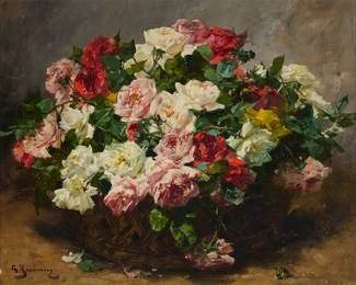 2018
Georges Jeannin
(1841-1925)
"Rose basket"
Oil on canvas
Signed lower left: G. Jeannin; titled on a label affixed to the stretcher
23.5" H x 29" W
Estimate: $800 - $1,200