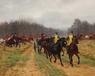 2154
Jean-Richard Goubie
(1842-1899)
Hunt scene, 1881
Oil on canvas
Signed and dated lower left: R. Goubie / 1881
26.75" H x 40" W
Estimate: $6,000 - $8,000