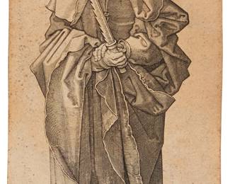 2179
Johannes Wierix
(1549-circa 1618)
"Saint Simon," after Albrecht Dürer
Engraving on laid paper, watermark [?]partial fleurs-de-lys
From the edition of unknown size and date, a later printing
With the artist's engraved signature in the plate at lower left: IH.W.AE.17, and with a copy of Dürer's initials and the original date of the work engraved in the plate at lower right: AD/1523
Image/Sheet: 4.5" H x 2.875" W
Estimate: $400 - $600