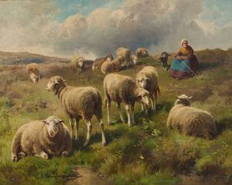 2051
Cornelis van Leemputten
(1841-1902)
"Shepherdess with Flock"
Oil on canvas
Signed lower left: C. van Leemputten; signed again and inscribed verso; titled on a label affixed to the frame's verso
16.25" H x 22" W
Estimate: $600 - $800