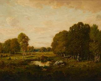 2068
Claude E. Picault
(19th century)
"Sylvan Landscape with Pond"
Oil on panel
Signed lower right: C.E. Picault; titled on a gallery label affixed verso
15" H x 22" W
Estimate: $500 - $700