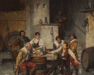 2101
Victor Schivert
(1863-1929)
Pub genre scene
Oil on panel
Signed and inscribed lower right: V. Schivert / München
17" H x 12.75" W
Estimate: $500 - $700