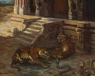 2124
E. Baily Hilda
(19th century)
Tigers and a cobra
Oil on panel
Signed lower right: E. Hilda
24" H x 19.25" W
Estimate: $1,000 - $1,500