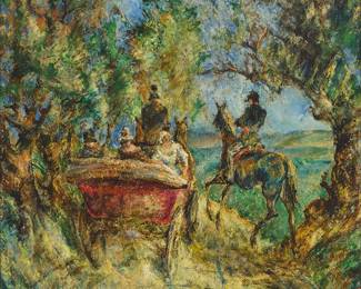 2031
Klaus Richter
(1887-1948)
Carriage and riders, 1923
Oil on canvas
Signed and dated lower left: Klaus Richter 1923; inscribed "A.102" lower right; signed, dated, and inscribed again, all verso
18" H x 18" W
Estimate: $500 - $700