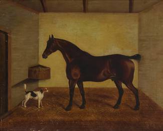 2157
John Frederick Herring (Senior)
(1795-1865)
Horse and dog in a stable
Oil on canvas
Signed lower right: J.F. Herring
20" H x 26" W
Estimate: $2,000 - $3,000
