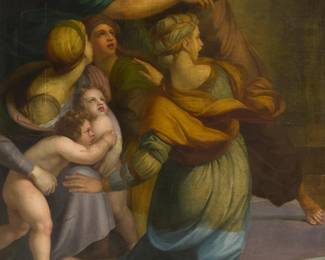 2174
In the manner of Raffaello Sanzio da Urbino Raphael
(1483-1520)
Fragment from "The Expulsion of Heliodorus from the Temple"
Oil on canvas
Unsigned
85" H x 67" W
Estimate: $3,000 - $5,000